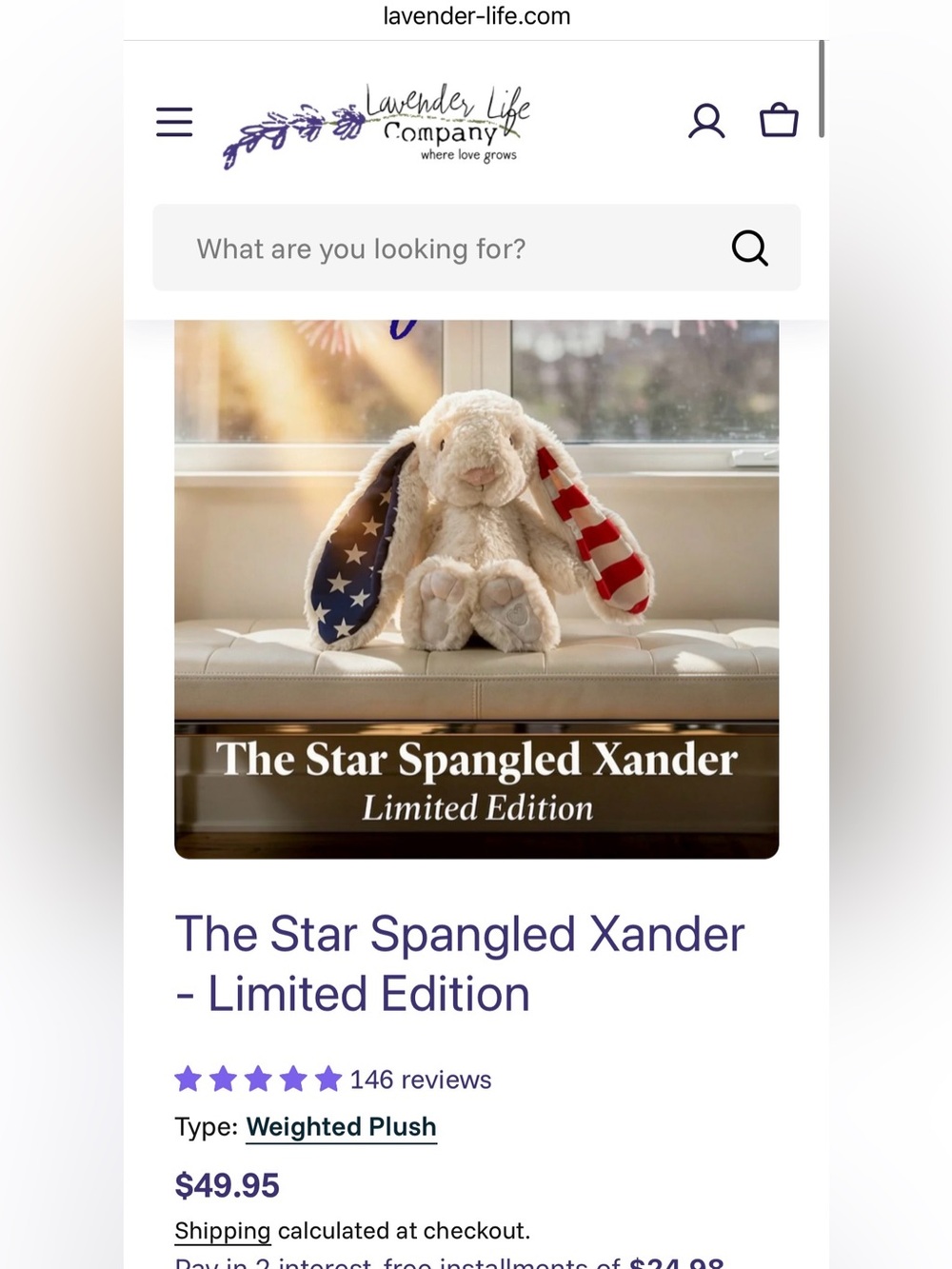 Lavender Life Co.  Star Spangled Xander Plush Bunny - White with Flag Ears